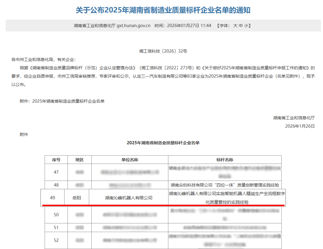 重磅喜讯!沁峰机器人荣获2025年度湖南省制造业质量标杆认定 重磅喜讯!沁峰机器人荣获2025年度湖南省制造业质量标杆认定